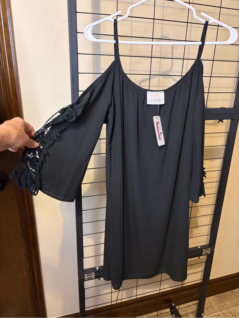 Cold Shoulder Black Dress with Lace Trim